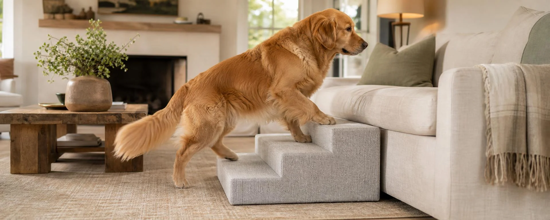 Een hond loopt zelfstandig via een lage huisdiertrap naar de bank
