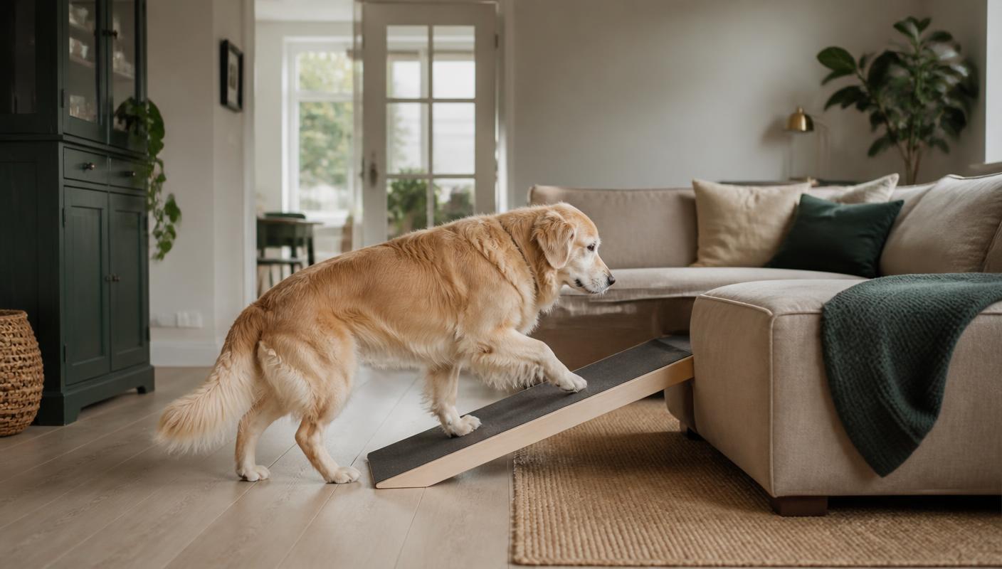 Een hond gebruikt een loopplank om rustig op de bank te komen