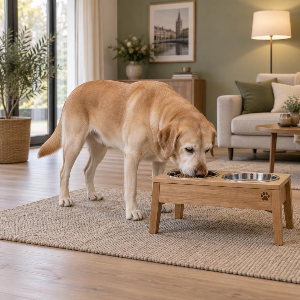 Een hond eet ontspannen uit een verhoogde voerbak op een speciaal voederstation
