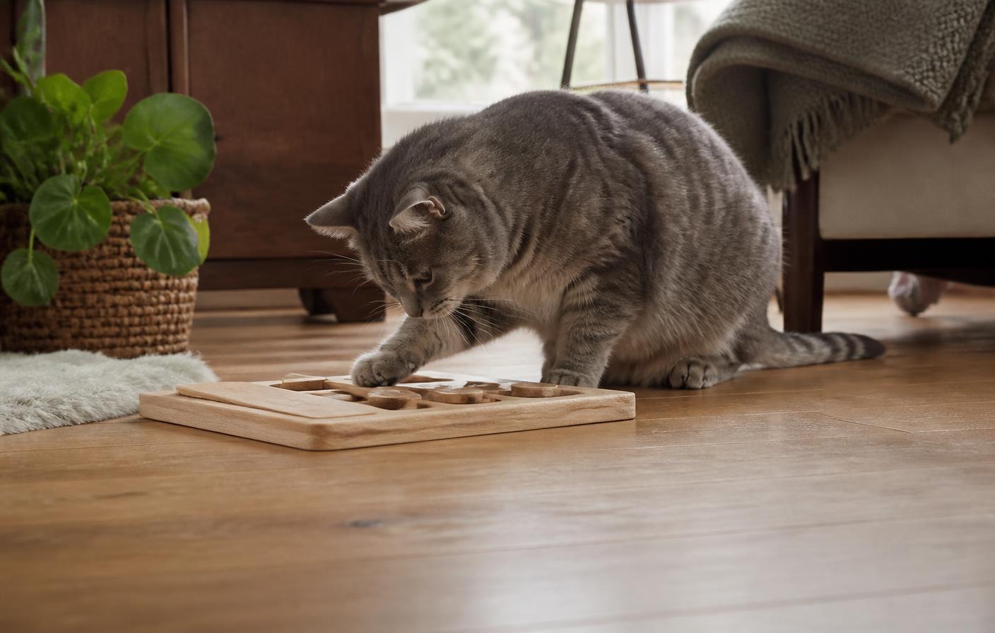 Een kat speelt met een houten voerpuzzel met schuifvakjes