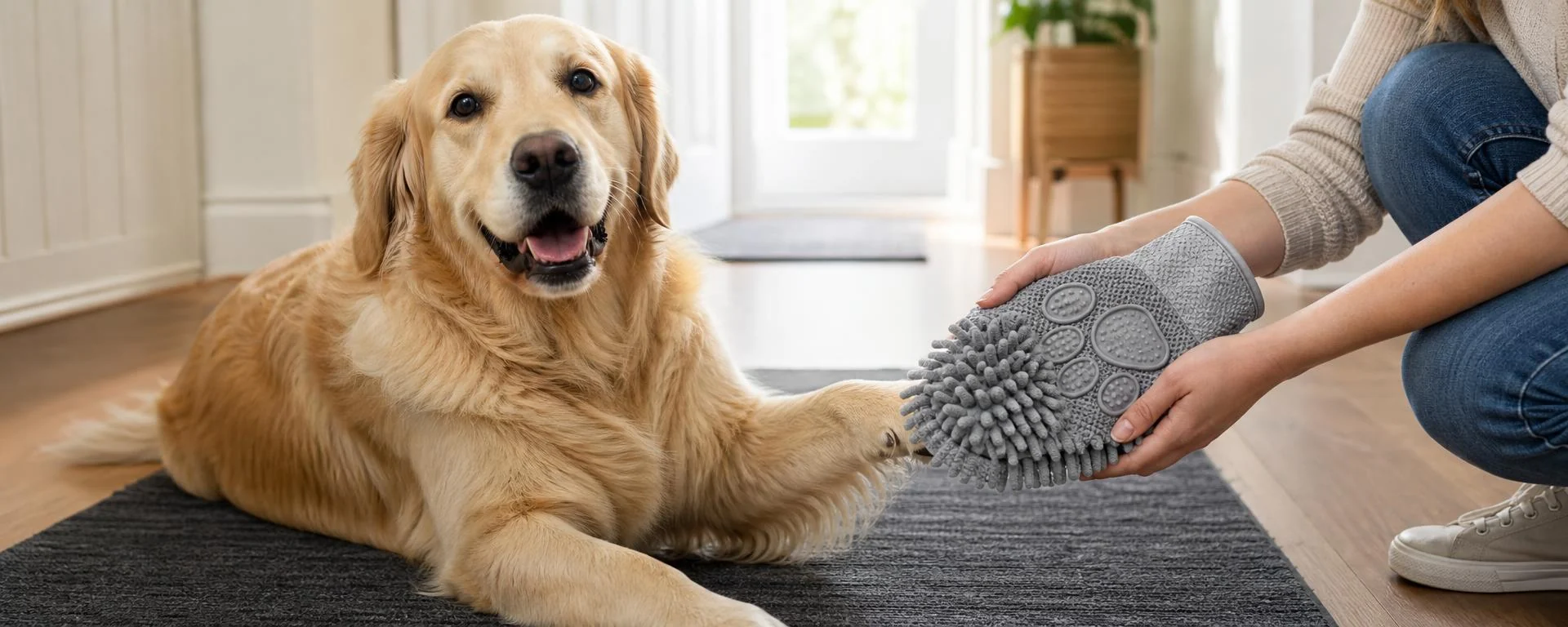 De poot van een ontspannen hond wordt verzorgd met een Royal Dry Glove