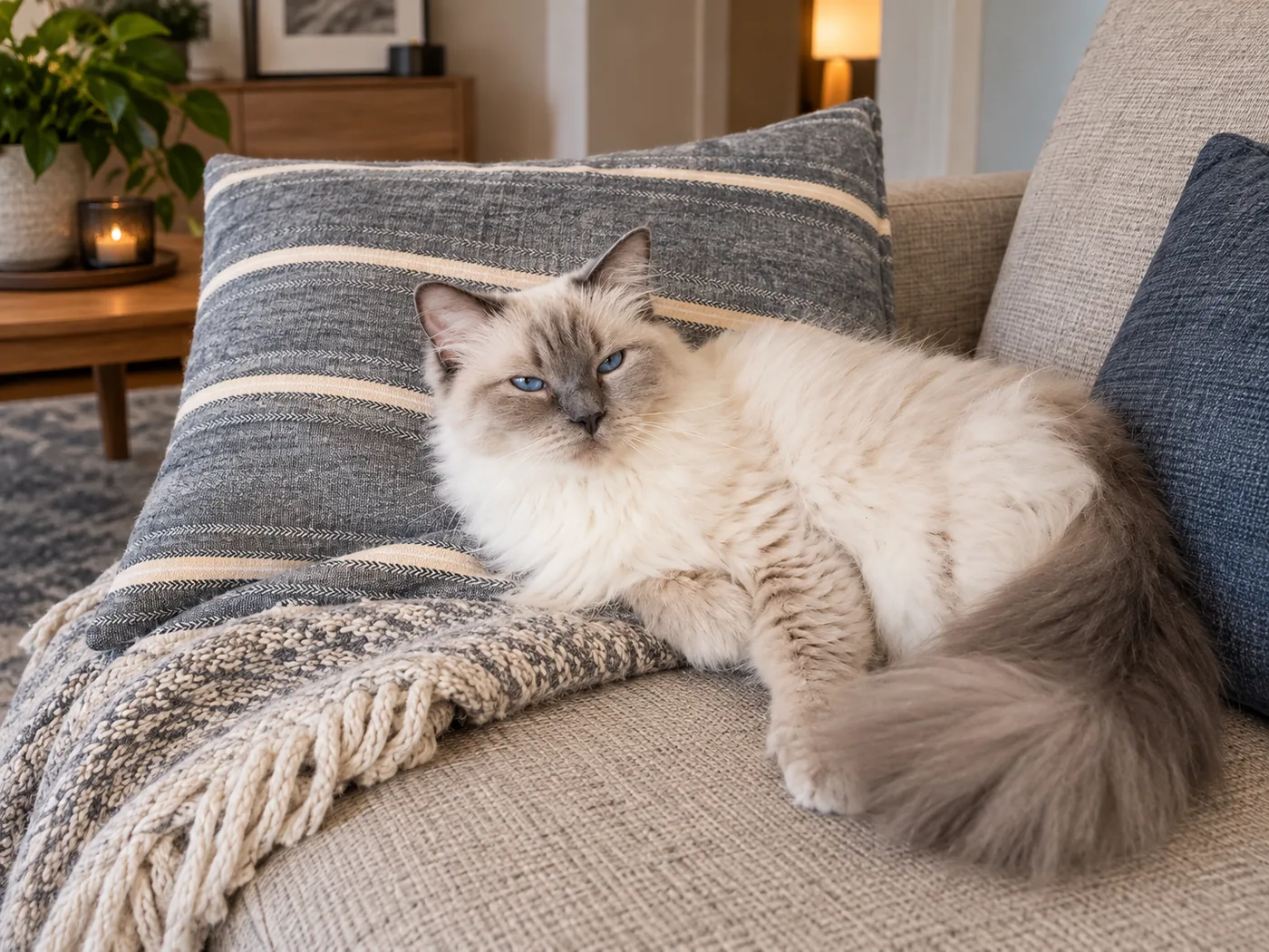 Een ontspannen Ragdoll kat ligt thuis comfortabel op de bank